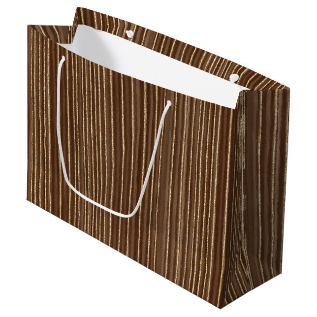 Grand Sac Cadeau Brown Gold Stripes Christmas (Devant Angle)