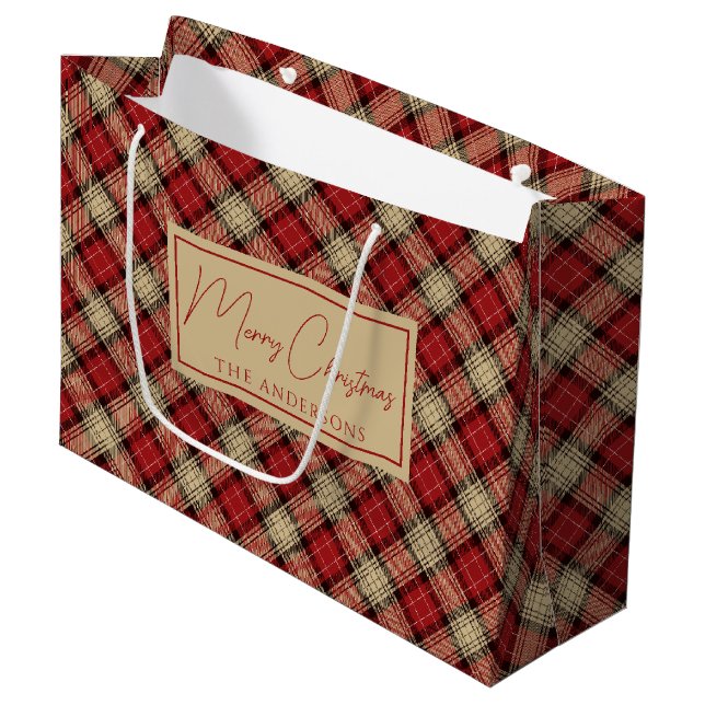 Grand Sac Cadeau Brûlé rouge beige rustique écossais Tartan Noël (Devant Angle)