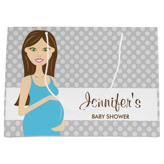 Grand Sac Cadeau Brunette Femme Enceinte En Baby shower Robe Bleue (Devant)