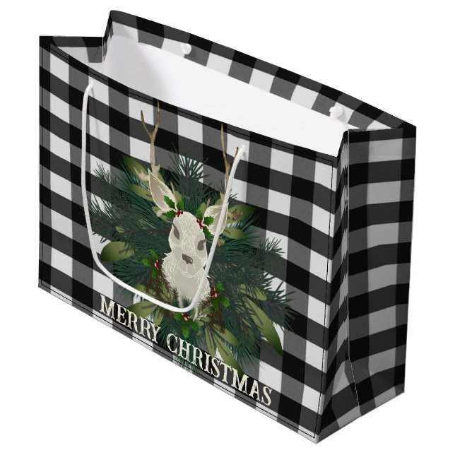 Grand Sac Cadeau Buffalo Plaid Festin Reindeer Noël (Devant Angle)