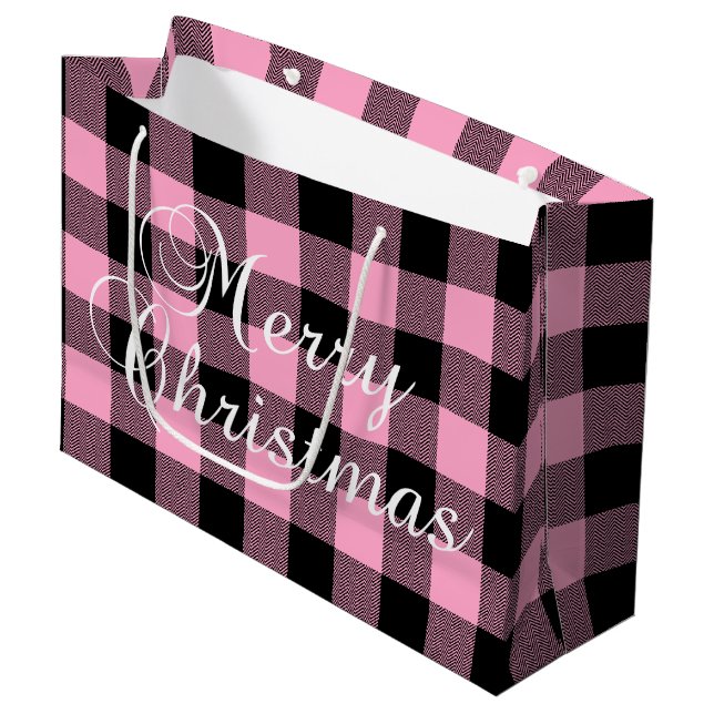Grand Sac Cadeau Buffle Chevron Rose Noir Plaid Joyeux Noël (Devant Angle)