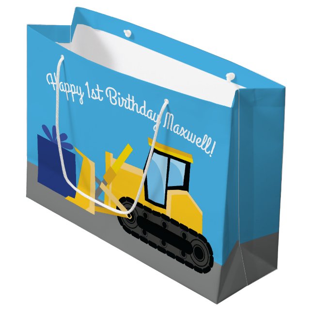 Grand Sac Cadeau Bulldozer Cute 1er Anniversaire Fête Construction (Devant Angle)