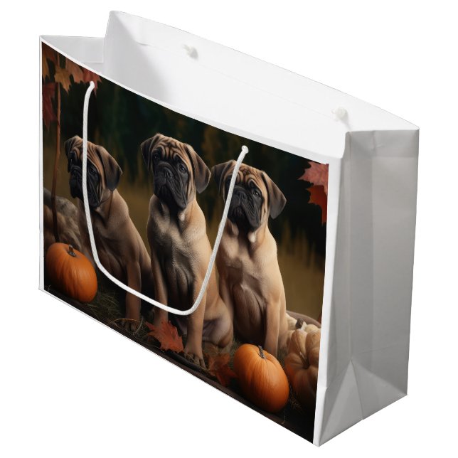 Grand Sac Cadeau Bullmastiff Chiot Automne Citrouille de plaisir (Devant Angle)