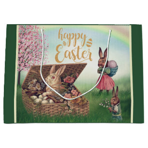 Grand Sac Cadeau Bunny vintage de Pâques