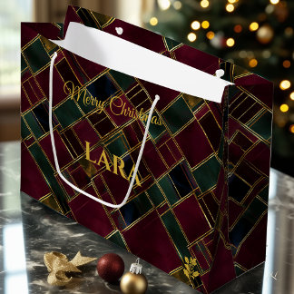 Grand Sac Cadeau Burgundy and Green Geometric Christmas Custom
