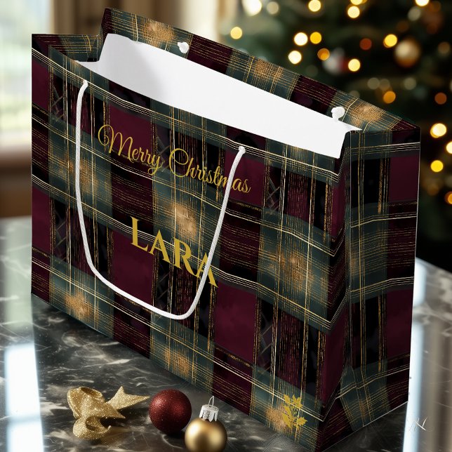 Grand Sac Cadeau Burgundy, Black, and Gold Glowing Plaid Christmas  (Créateur téléchargé)