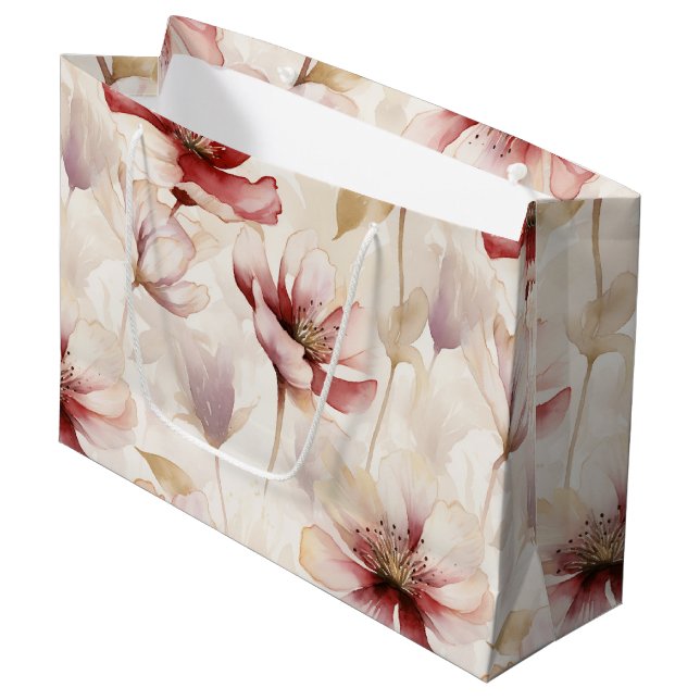 Grand Sac Cadeau Burgundy Red Cream Floral Fête de Mariage (Devant Angle)