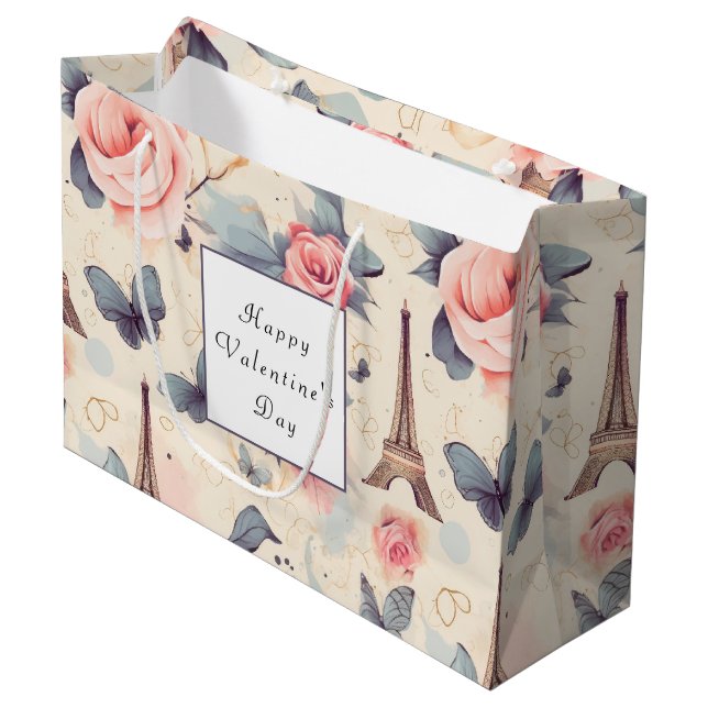 Grand Sac Cadeau Butterfly Tour Eiffel et Saint Valentin Rose (Devant Angle)