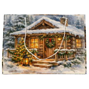 Grand Sac Cadeau Cabane de Noël à l'aquarelle dans la forêt