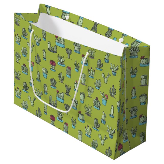 Grand Sac Cadeau Cactus et succulents Plante main tiré Motif (Devant Angle)