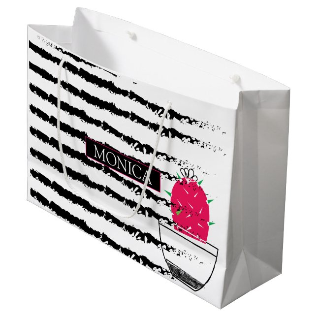 Grand Sac Cadeau Cactus noir blanc motif monogramme (Devant Angle)