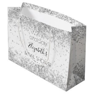 Grand Sac Cadeau Cadeau de douche de mariée blanc paillettes argent