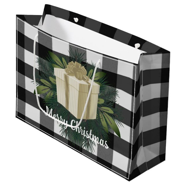 Grand Sac Cadeau Cadeau de Noël Plaid Buffalo | Or (Devant Angle)