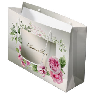 Grand Sac Cadeau Cadre floral rose aquarelle Bronze brillant Élégan