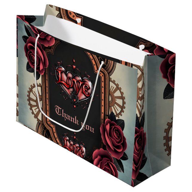 Grand Sac Cadeau Cadre Steampunk avec Roses rouges et Engrenages (Devant Angle)