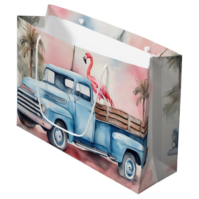 Grand Sac Cadeau Camion bleu rétro avec Flamant rose (Devant Angle)