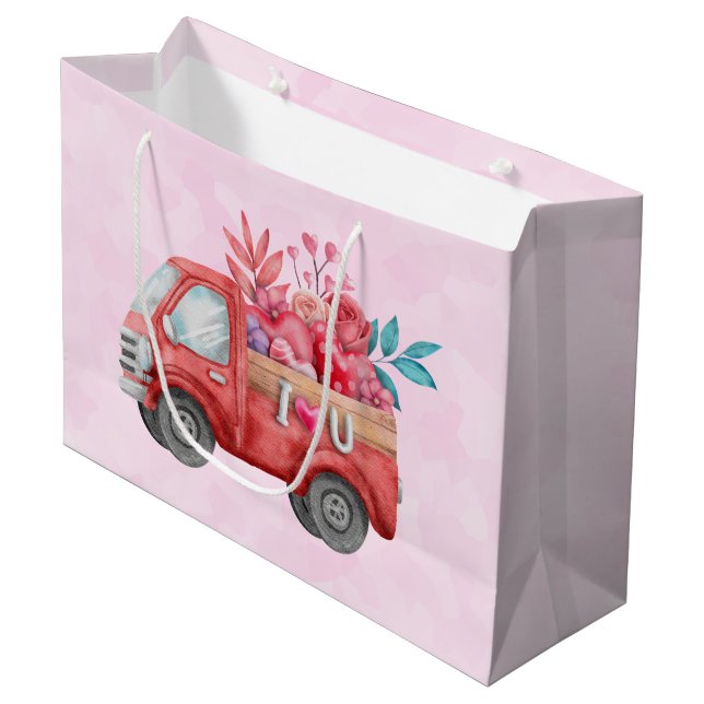 Grand Sac Cadeau Camion d'amour mignon avec Coeur Cargo Aquarelle (Devant Angle)
