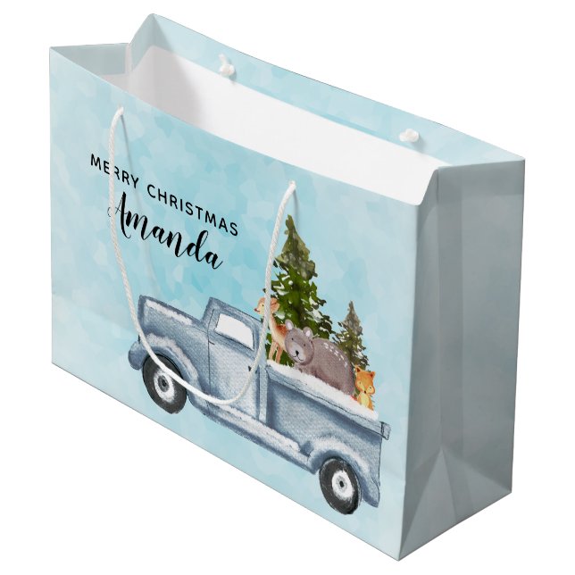 Grand Sac Cadeau Camion de Noël avec pins et animaux de forêt (Devant Angle)