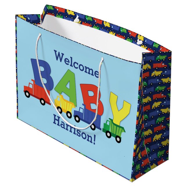 Grand Sac Cadeau Camions Boy Baby shower Construction Cute (Dos Angle)