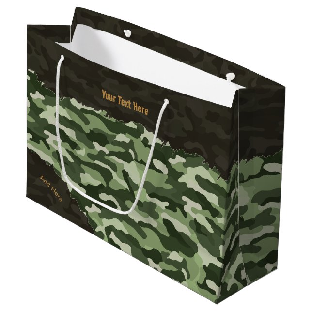 Grand Sac Cadeau Camouflage Vert Personnalisé Résistant (Devant Angle)