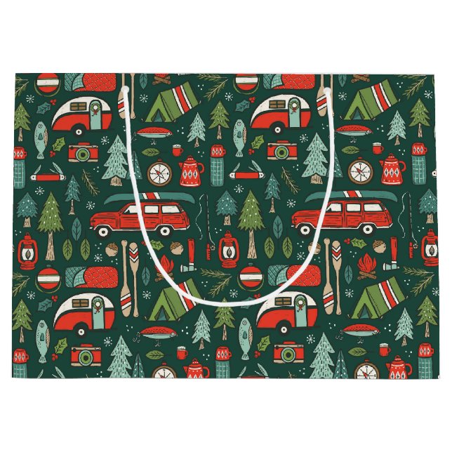 Grand Sac Cadeau Camping de Noël rustique (Devant)