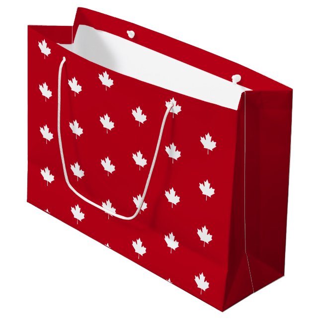 Grand Sac Cadeau Canada Feuille d'érable blanche sur Motif rouge (Devant Angle)