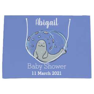 Grand Sac Cadeau Caricature joyeux de phoque et de poisson bleu