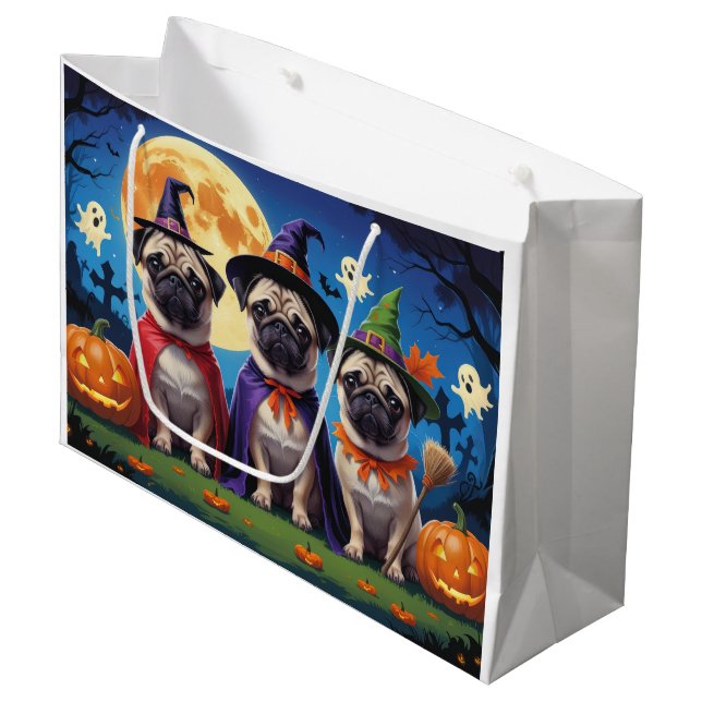 Grand Sac Cadeau Carlin chien Citrouille Halloween drôle (Devant Angle)