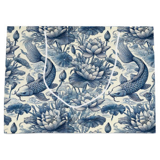 Grand Sac Cadeau Carpe Koï et Nymphéa Bleu Chinoiserie Toile