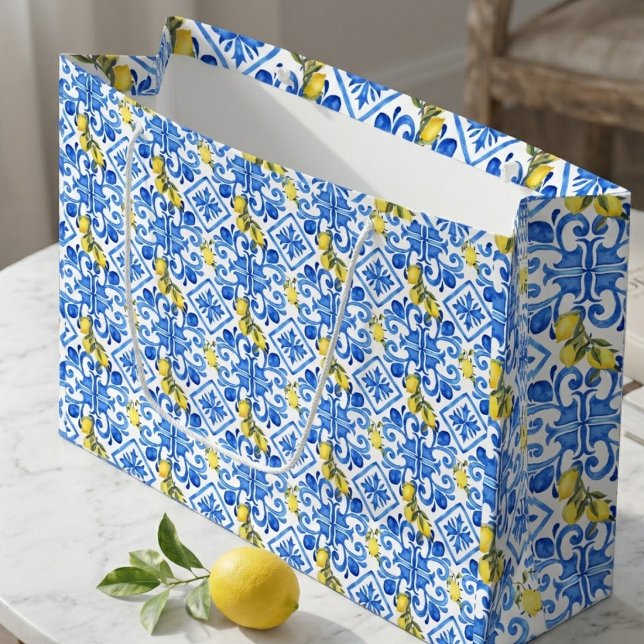 Grand Sac Cadeau Carreau bleu citron jaune  (Créateur téléchargé)