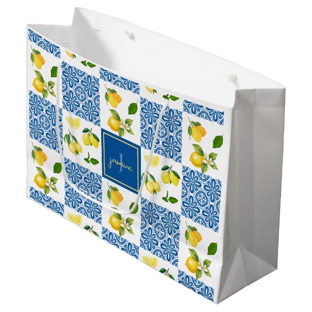 Grand Sac Cadeau Carreau de motif de nom de monogramme de citron de (Devant Angle)