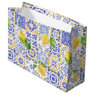 Grand Sac Cadeau Carreau de style méditerranéen à motif de citron à