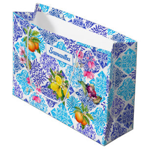 Grand Sac Cadeau Carreaux d'azulejos méditerranéens fleuris d'agrum