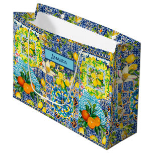 Grand Sac Cadeau Carreaux fleuris d'agrumes siciliens bleu chic