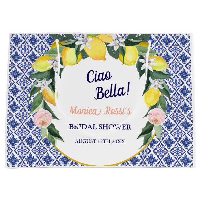 Grand Sac Cadeau Carreaux italiens bleus Citrons Ciao Bella Shower  (Devant)