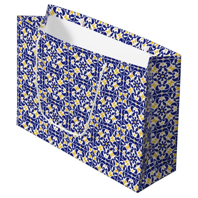 Grand Sac Cadeau Carreaux méditerranéens Motif bleu et jaune (Devant Angle)