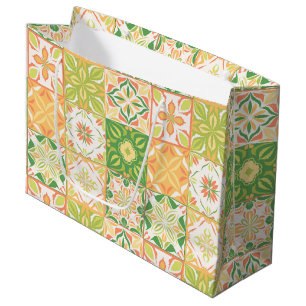 Grand Sac Cadeau Carreaux ornés en vert et jaune