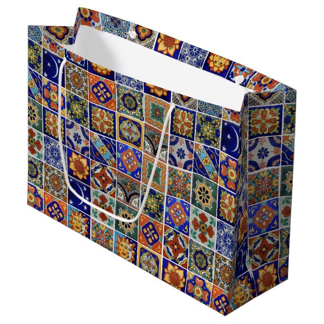 Grand Sac Cadeau Carreaux Talavera Père Noël Fe Style Sud-Ouest Col (Devant Angle)