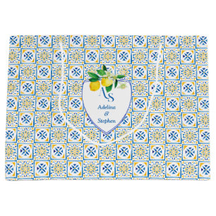 Grand Sac Cadeau Carrelage bleu méditerranéen Italie Crest Citron M