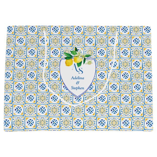 Grand Sac Cadeau Carrelage bleu méditerranéen Italie Crest Citron M (Devant)