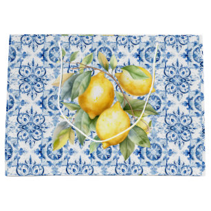 Grand Sac Cadeau Carrelage et citrons d'aquarelle italien bleu et b