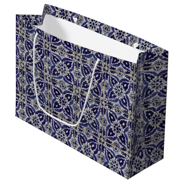 Grand Sac Cadeau Carrelage italien rustique Azulejo bleu blanc géom (Devant Angle)