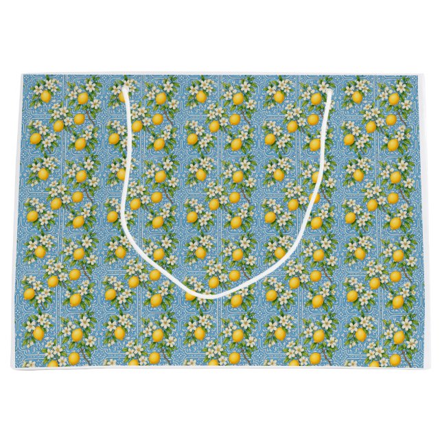 Grand Sac Cadeau Carrelage Méditerranéen Bleu Aquarelle Citron (Devant)