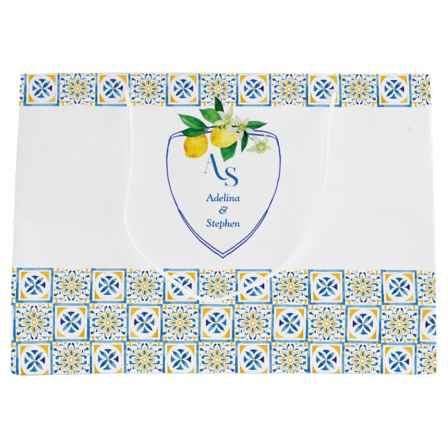 Grand Sac Cadeau Carrelage méditerranéen Italie Crest Bleu Citron M (Devant)