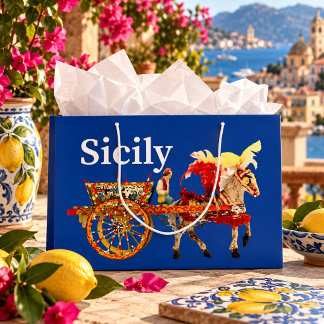 Grand Sac Cadeau Carretto Siciliano - Bleu Sicilien Traditionnel