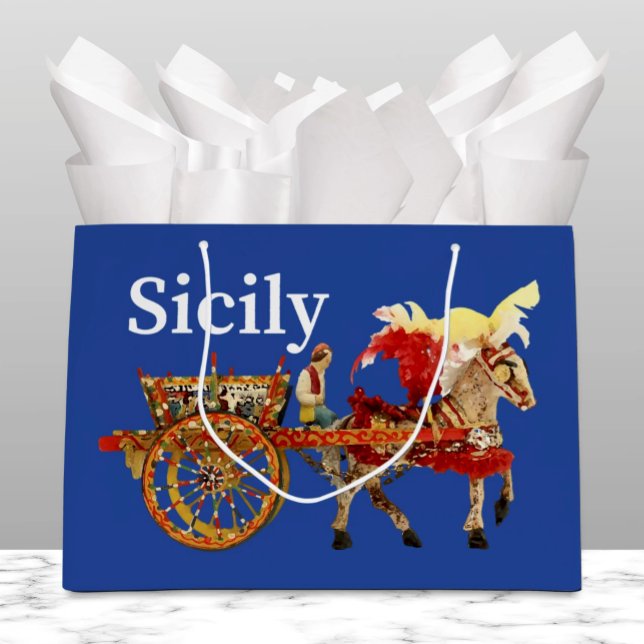Grand Sac Cadeau Carretto Siciliano - Traditional Sicilian Blue (Carretto Siciliano Royal Blue Gift Bag - Traditional horse and cart of Sicily )