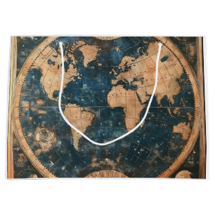 Grand Sac Cadeau Carte du monde vintage bleu et or double hémisphèr