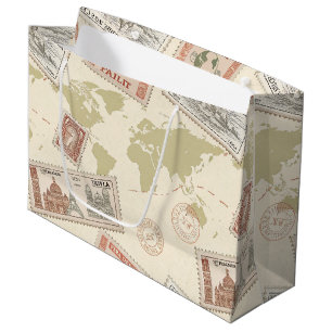 Grand Sac Cadeau Carte du monde vintage timbres voyage