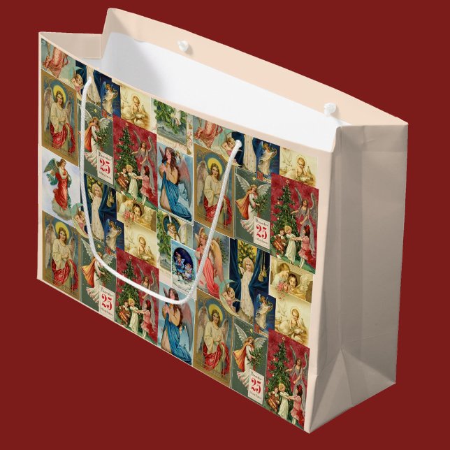Grand Sac Cadeau Cartes de Noël très anciennes avec collage d'anges (Créateur téléchargé)