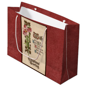 Grand Sac Cadeau Cartes de vœux de Noël vintage chic sur fond rouge